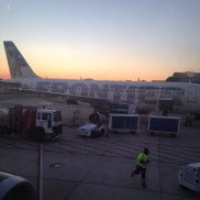 A Frontier flight at dusk.